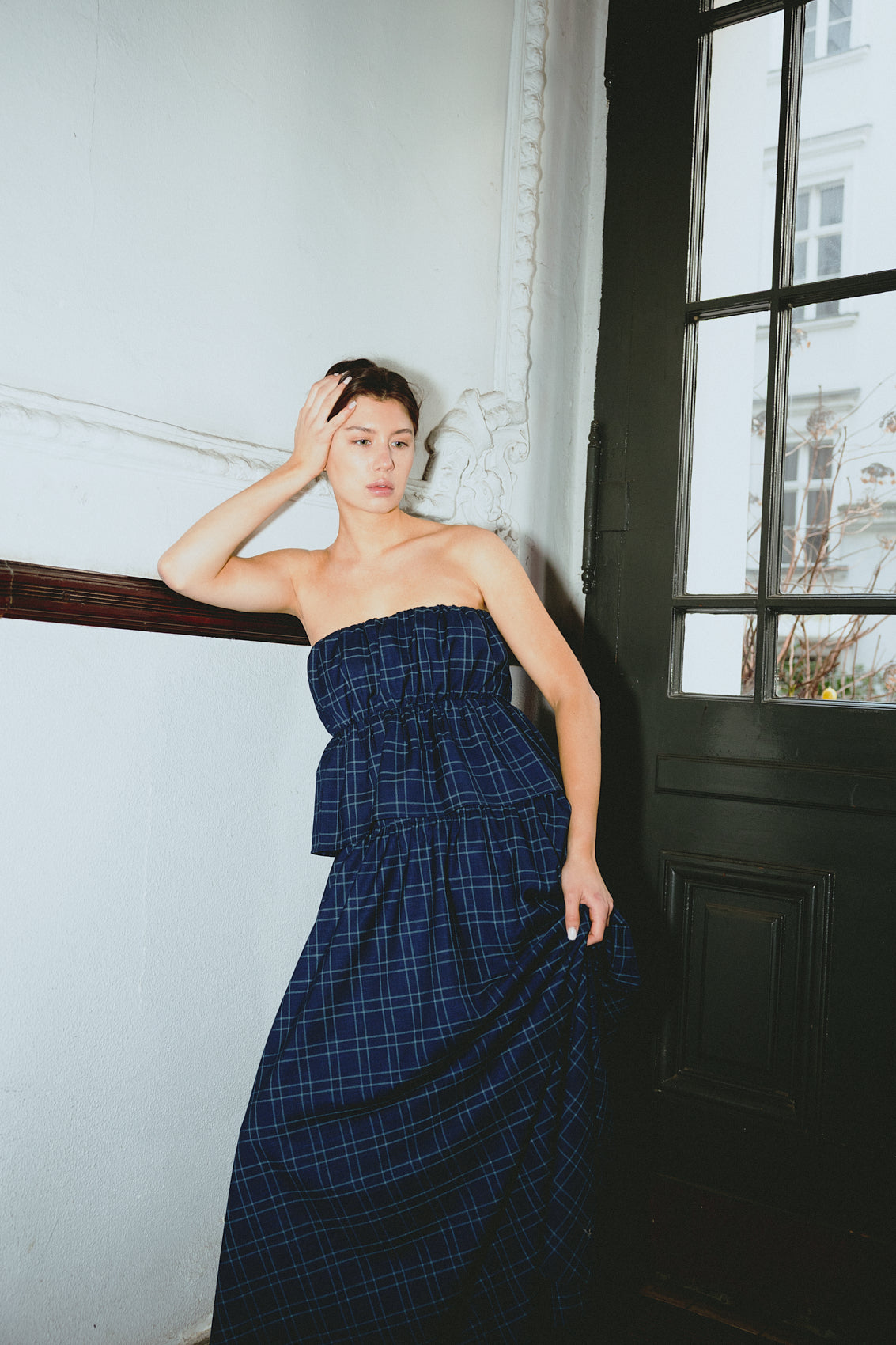 number 23 blue navy checkered top in cotton