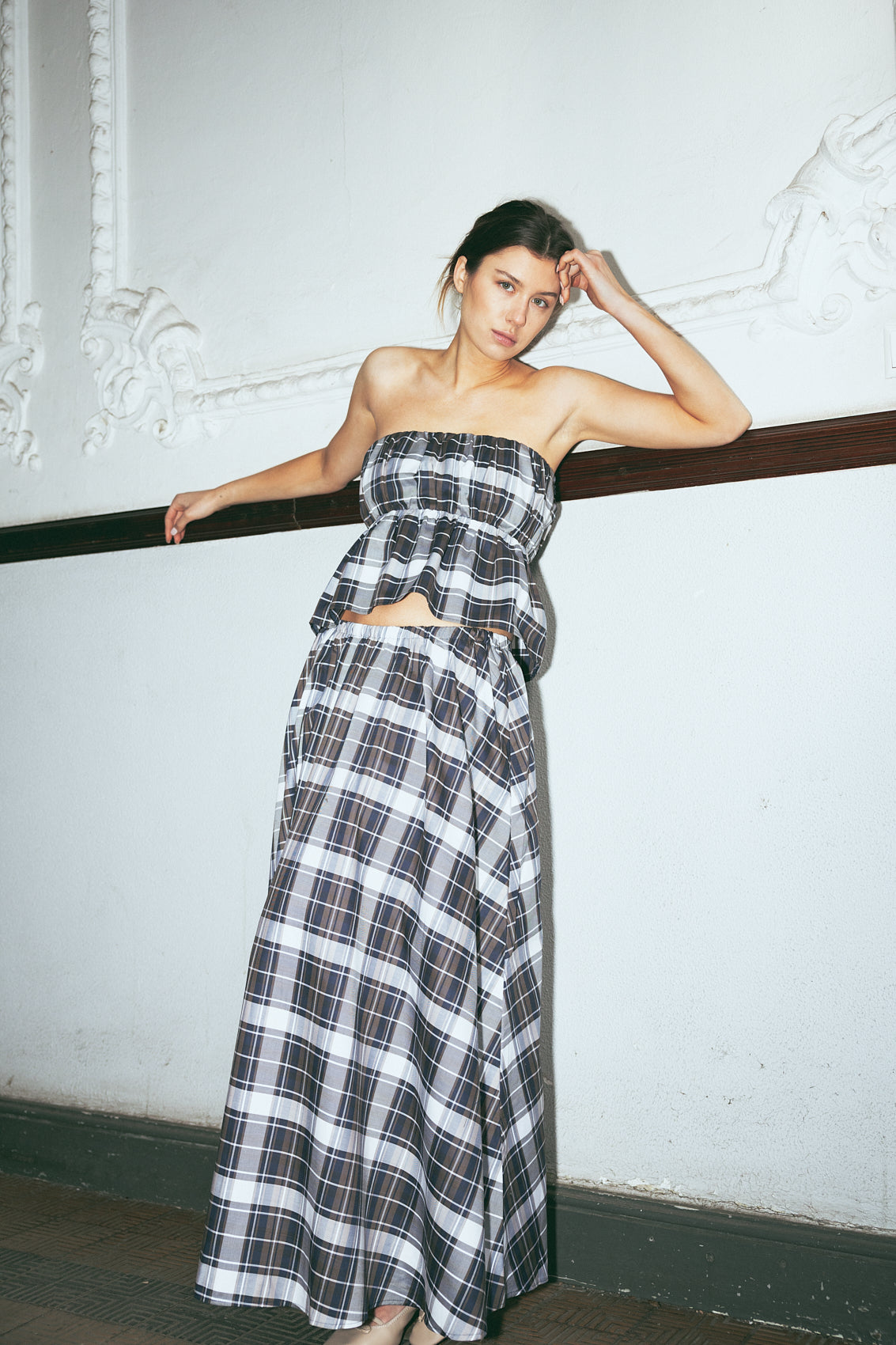 number 27 brown navy checkered maxi skirt in cotton
