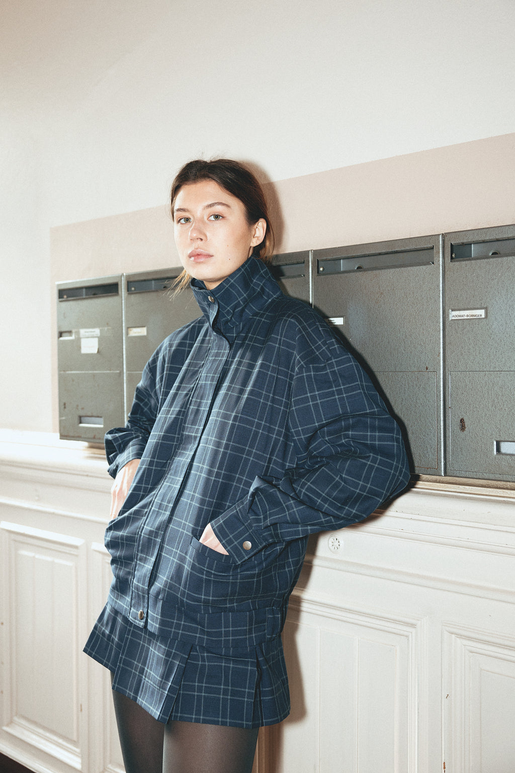 number 19 blue navy checkered jacket in cotton