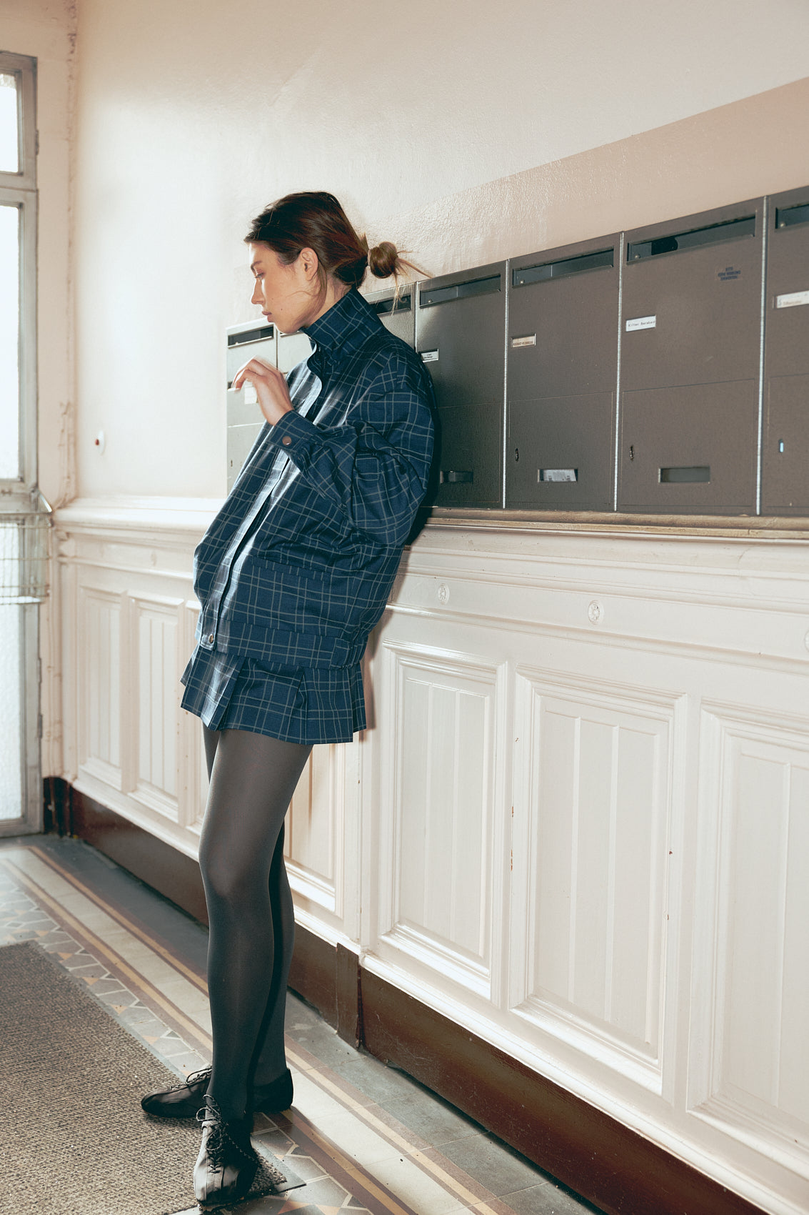 number 19 blue navy checkered jacket in cotton