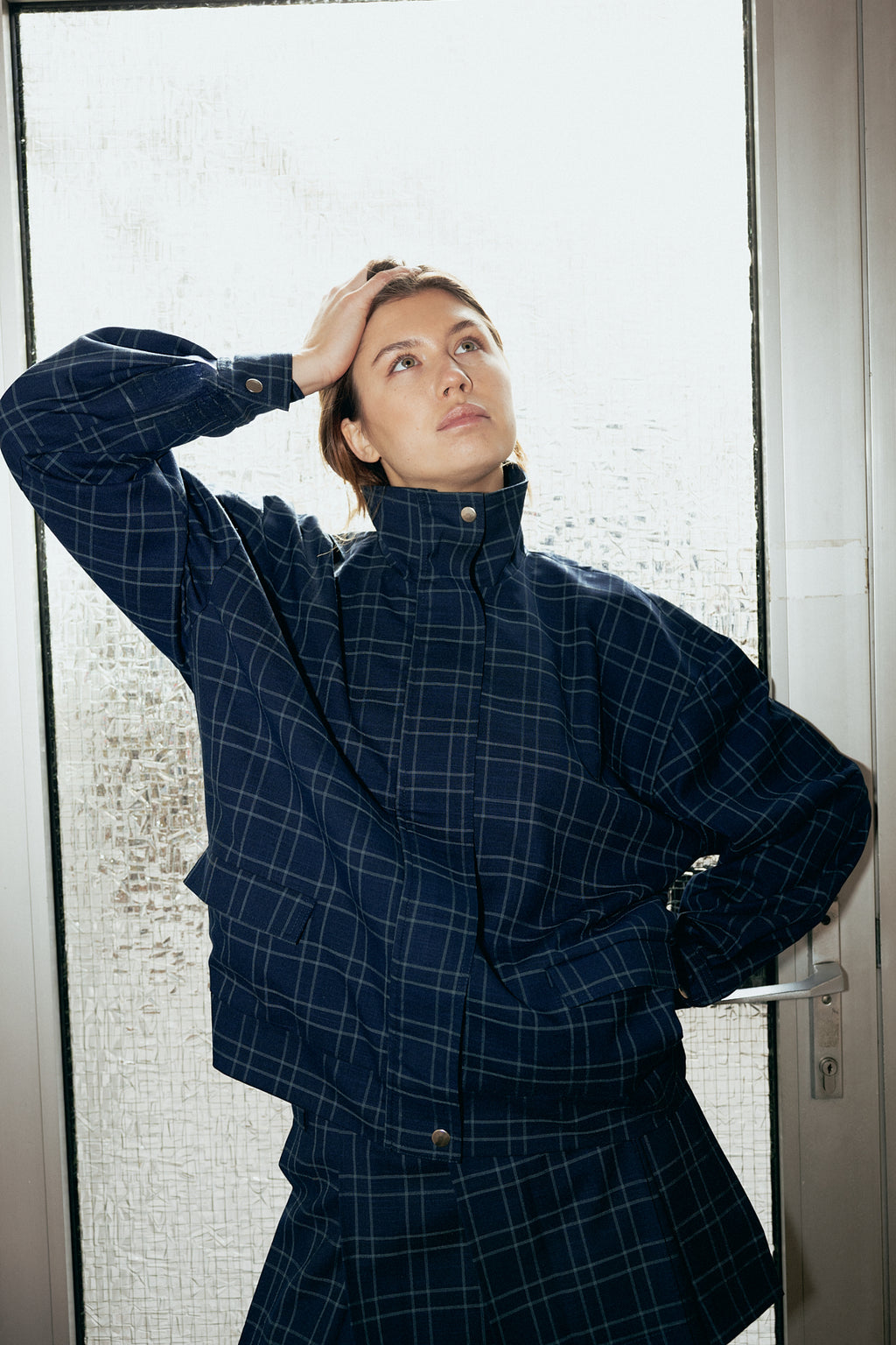 number 19 blue navy checkered jacket in cotton