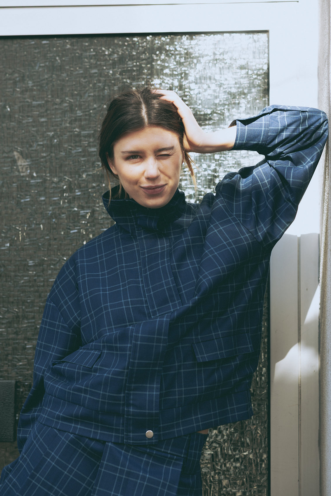 number 19 blue navy checkered jacket in cotton