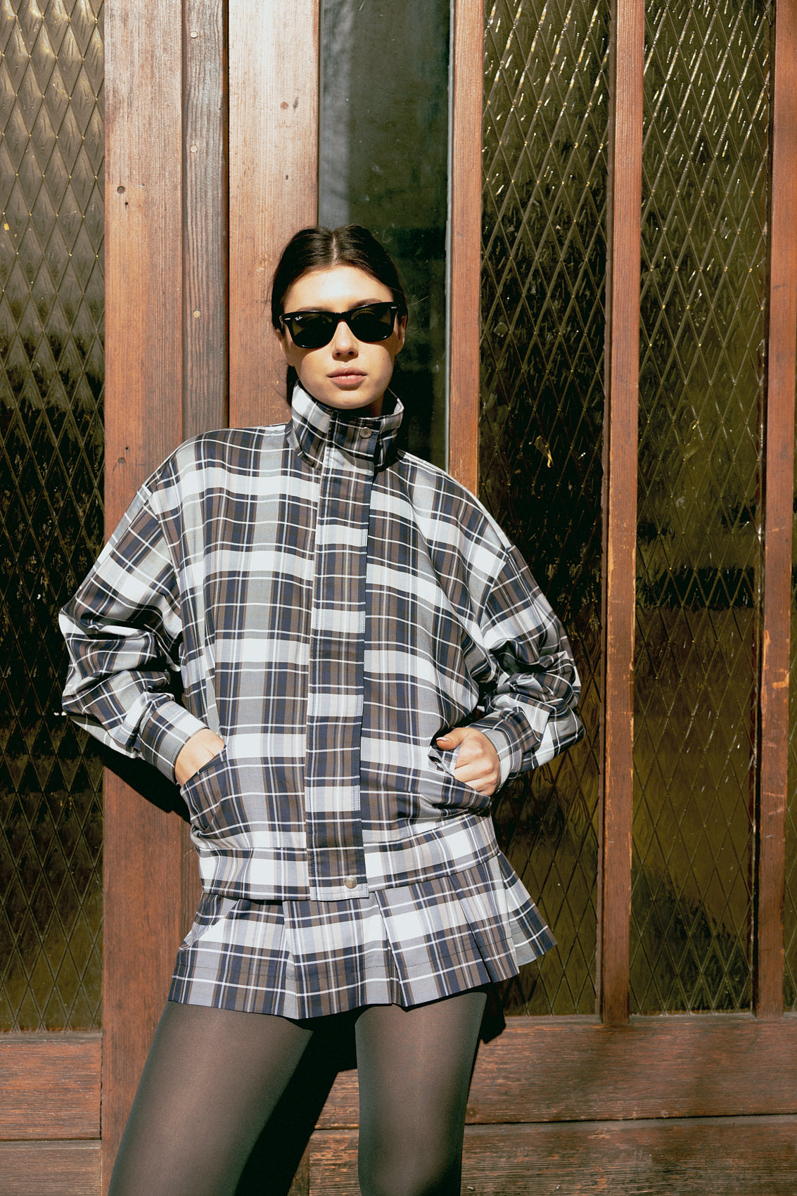 number 24 brown navy checkered jacket in cotton