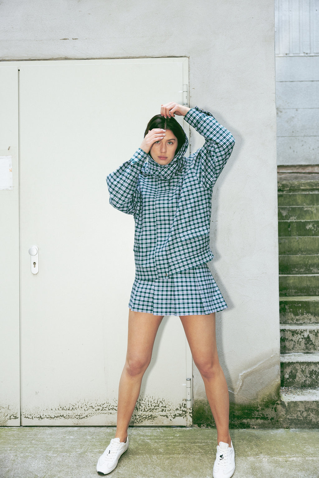 number 17 green white checkered mini skirt in cotton