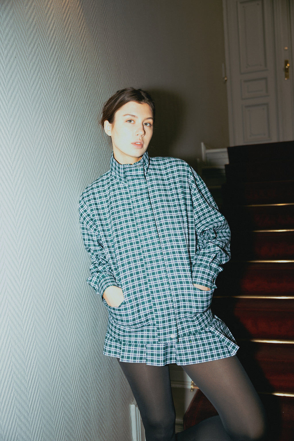 number 17 green white checkered mini skirt in cotton