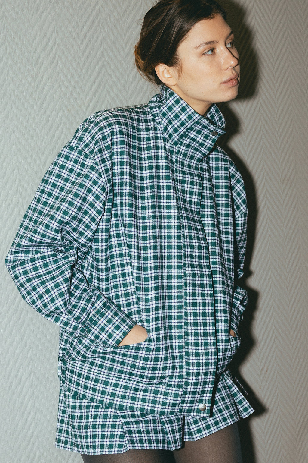 number 16 green white checkered jacket in cotton