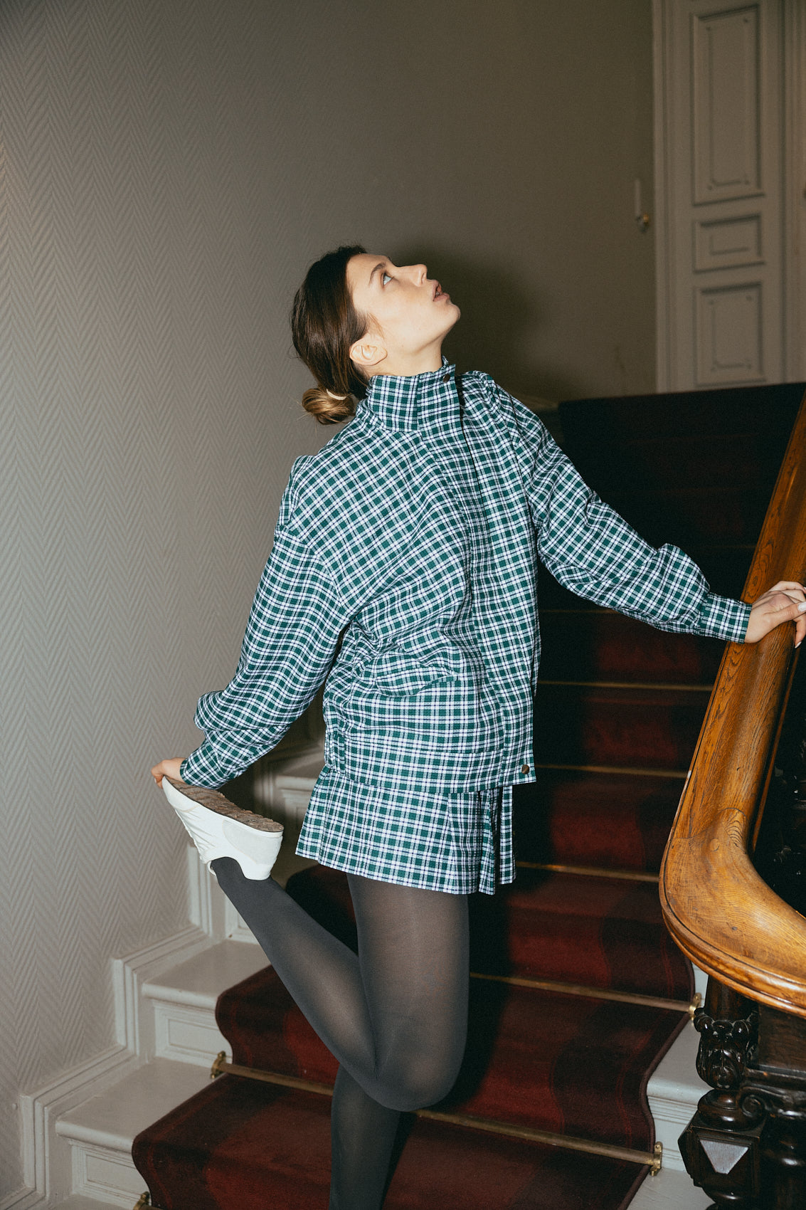 number 17 green white checkered mini skirt in cotton