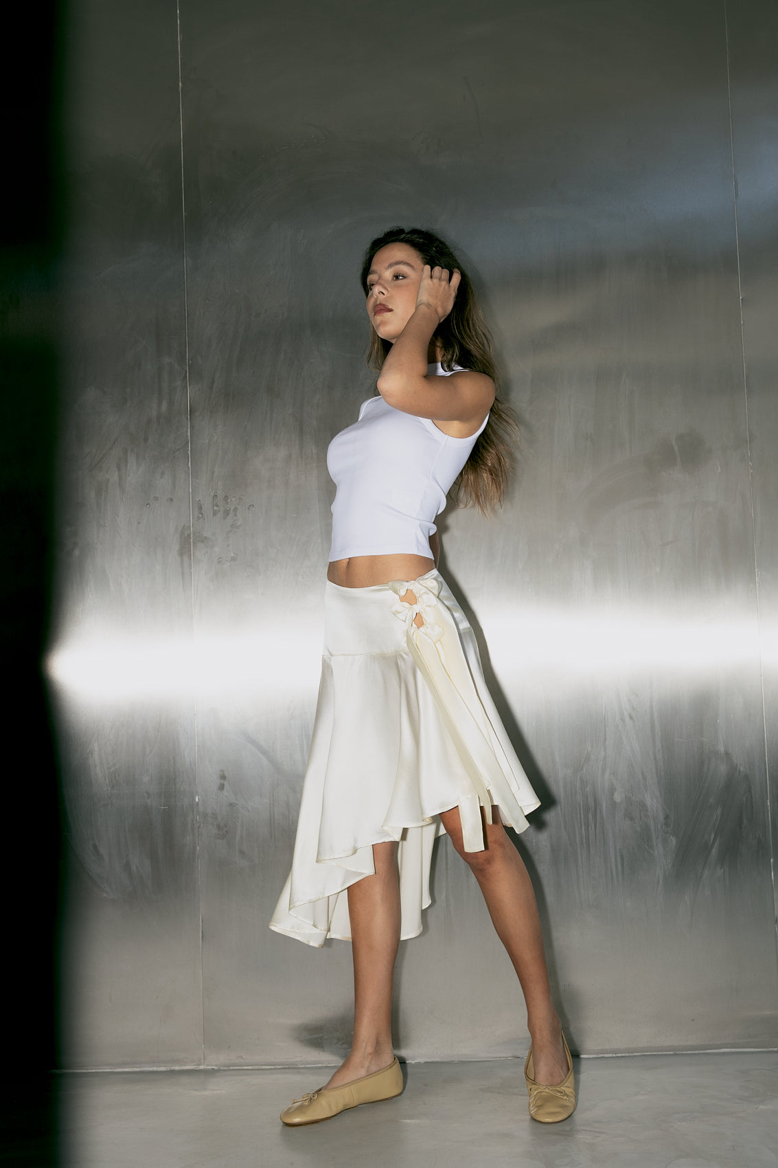 number 15 cream midi asymmetrical skirt in silk