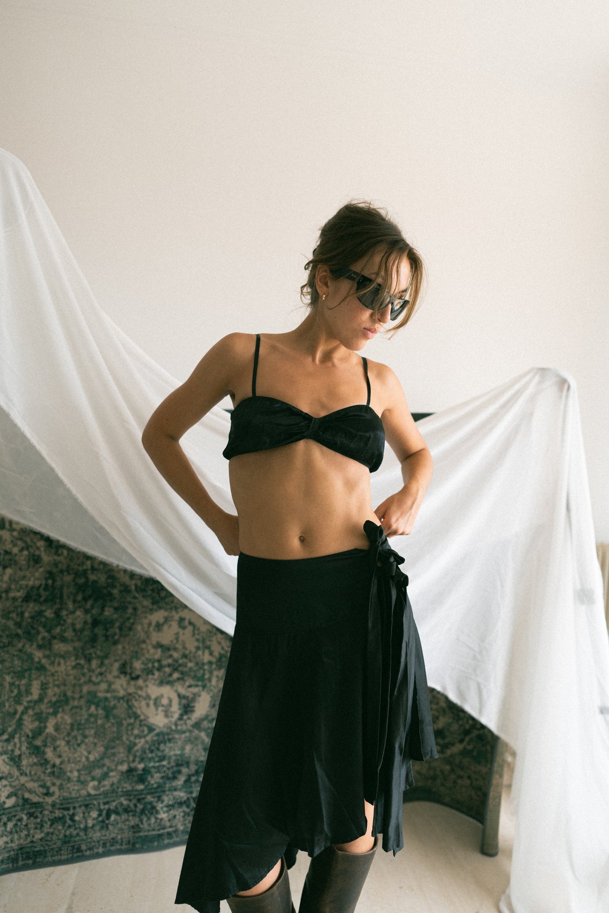number 32 black midi asymmetrical skirt in silk