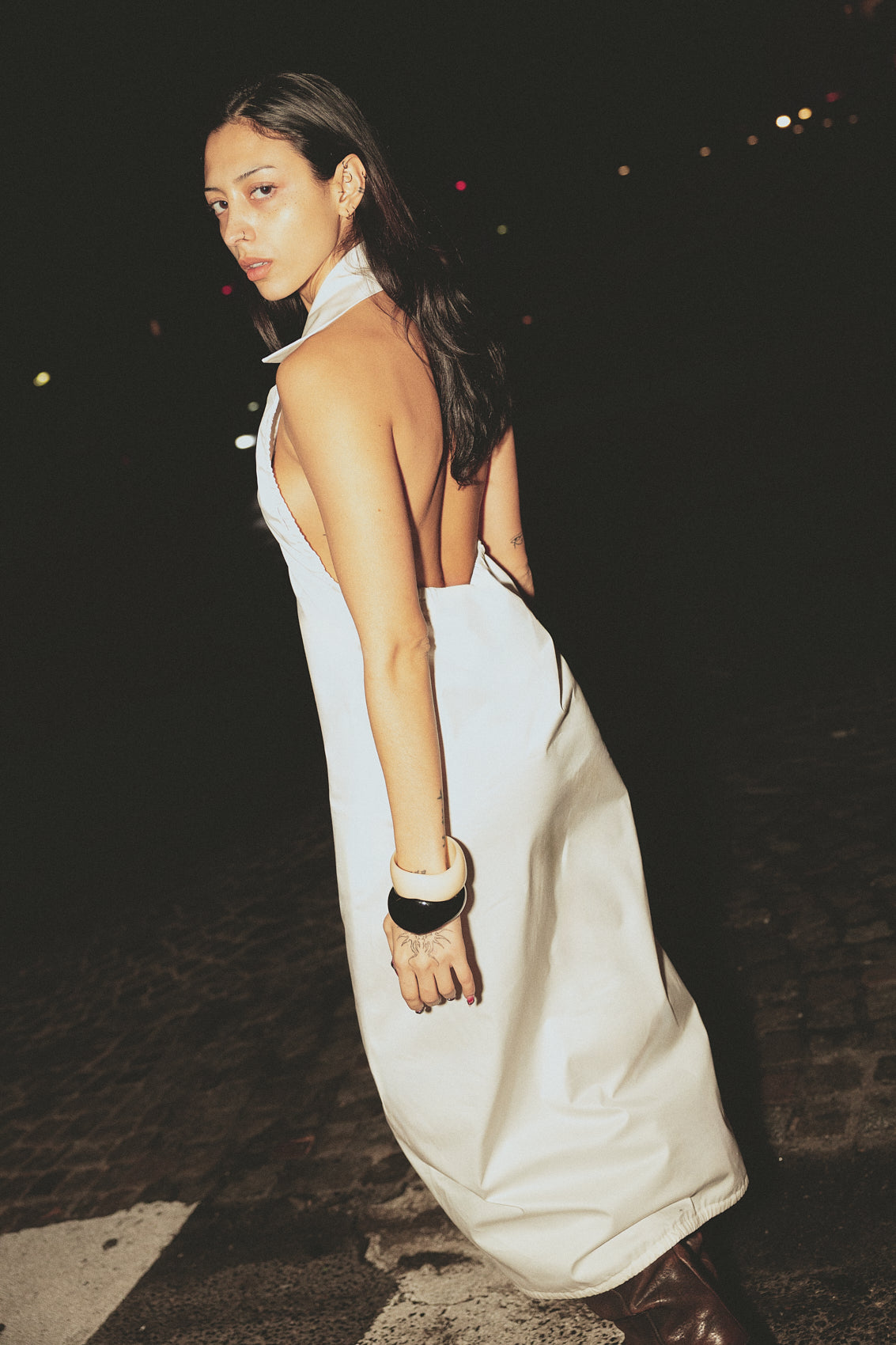 number 14 white long dress with an open back in cotton